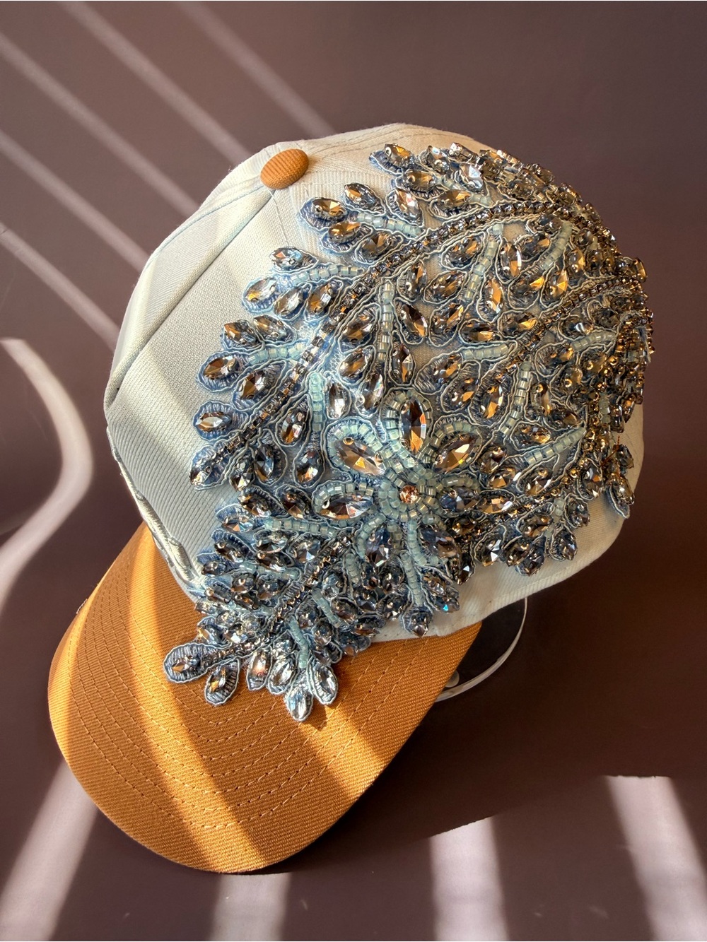 New Era Crystal Embellished Statement Cap - Baby Blue & Tan